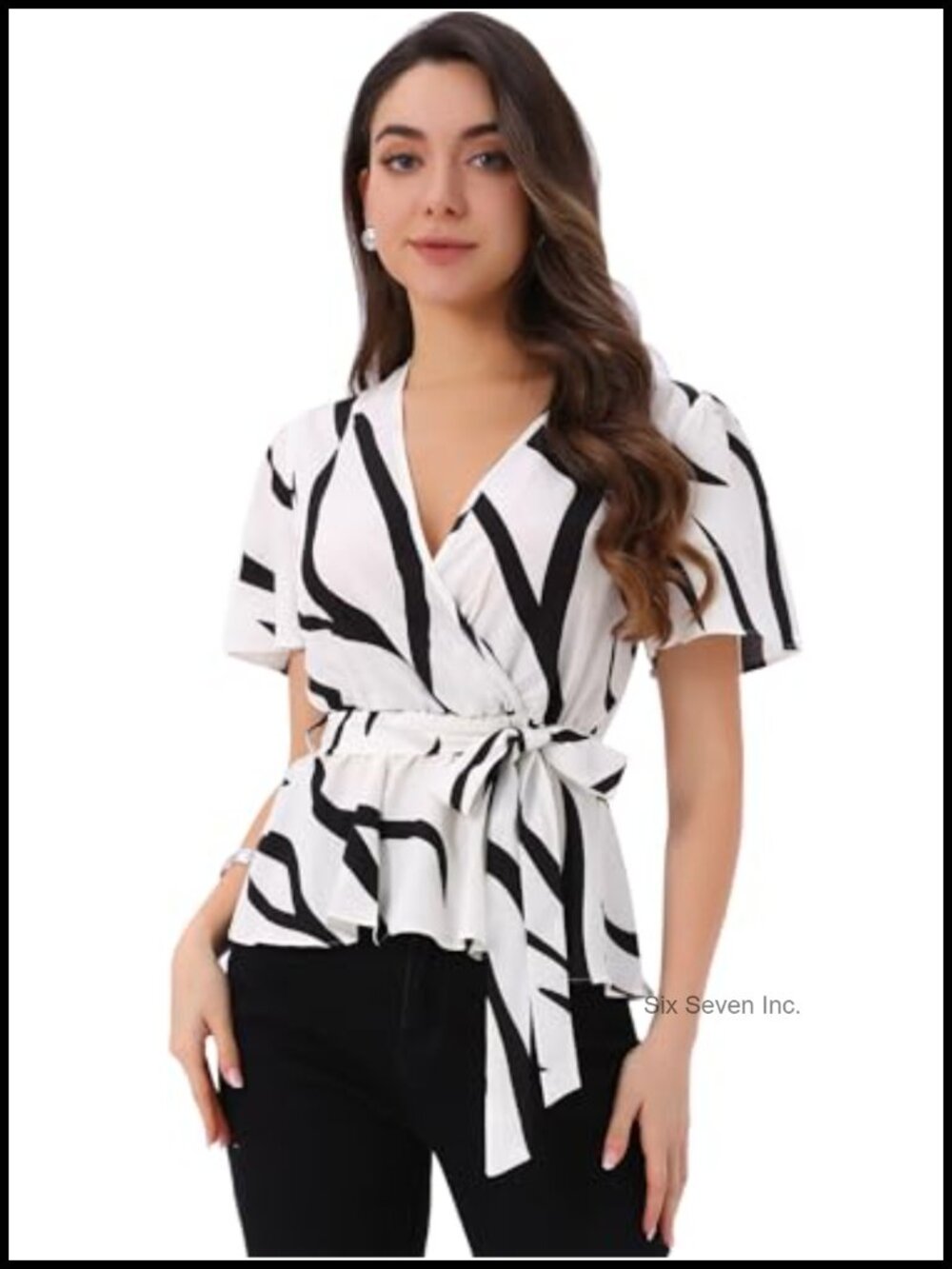 Allegra K Women's Wrap Blouse Flutter Sleeve Ruffle Hem Business Casual Top